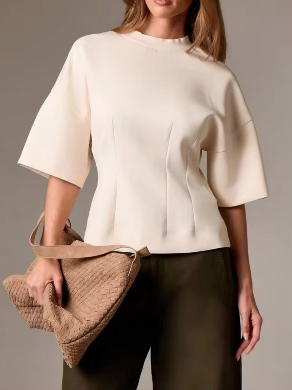 Women's ivory off white Cream Short-Sleeve Structured cinched waist Top
